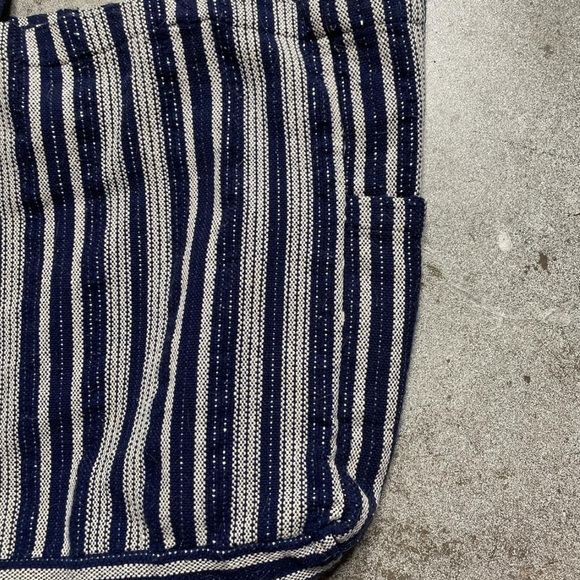 Cost Plus World Market Navy Blue and Silver Stripe cotton boho tote bag. - Picture 4 of 4